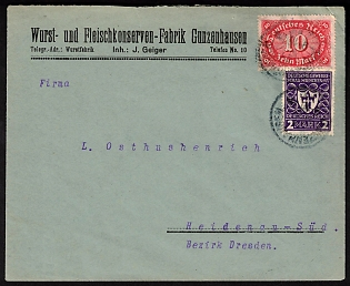 1923 Weimar Republic, Germany, Commercial Cover from Sausage and Canned Meat Factory in Gunzenhausen to Heidenau with Sealing Vignette franked with 2m and 10m, Signed