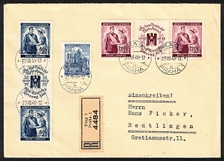 1940 (23 Aug) Bohemia and Moravia, Germany, Registered Cover from Prague to Reutlingen franked with 80h and se-tenants of 60h and 1.20k