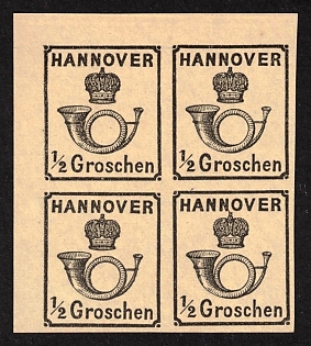 1860 1/2gr Hannover, German States, Germany, Block of Four, Corner Margins, Reprint