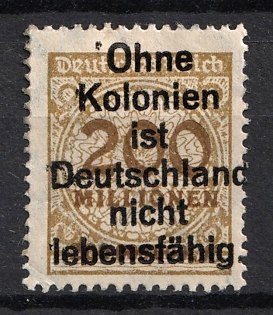 1921 'Without its colonies, Germany is not viable' Colonial Propaganda Stamp, Germany, Private Issue