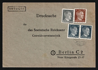 1944 (10 Dec) Third Reich, Germany, Cover with printed matter from Prague (Czech Republic) to Berlin, Reich Statistical Office, Grain Stock Statistics Department, with Handstamp 'Answer', franked with pair, 2 x 4pf, 1pf, 3pf, Perfin