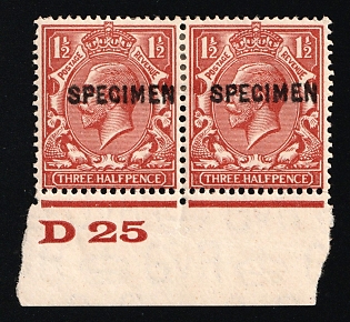 1925 1 1/2d Great Britain, Specimen, Type 15, Pair, Margin, Red Control Strip and Margin Plate Number 'D 25'