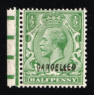 1924 1/2d Great Britain, Specimen 'Cancelled', Type 33, Single Stamp from Booklet, Margin, Green Control Strip