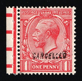 1924 1d Great Britain, Specimen 'Cancelled', Type 33, Single Stamp from Booklet, Margin, Red Control Strip