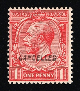 1924 1d Great Britain, Specimen 'Cancelled', Type 28, INVERTED Watermark