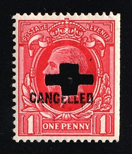 1934 1d Great Britain, , Specimen 'Cancelled', Type 33P Handpunch 'Narrow' Size