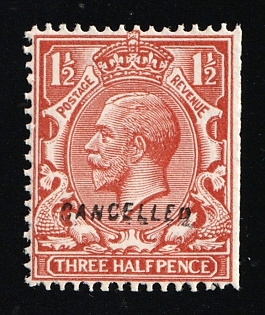 1924 1 1/2d Great Britain, Specimen 'Cancelled', Type 28, Red-brown