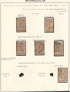 1931 Mongolia, 20 Cents collection of different Types and Colors of stamps and handstamps on exhibitional page, ex Dr. Orth