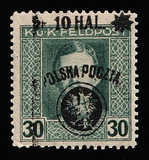 1918 10h on 30h Southern Poland, Austro-Hungarian Occupation, 'Poczta Polska' Overprint, Strongly SHIFTED Overprint, Signed, Certificate