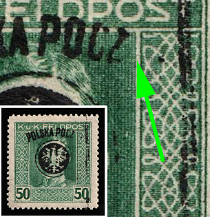 1918 50h Southern Poland, Austro-Hungarian Occupation, Signen, 'Poczta Polska' Overprint, Unprinted  'A' in 'POCZTA', Certificate