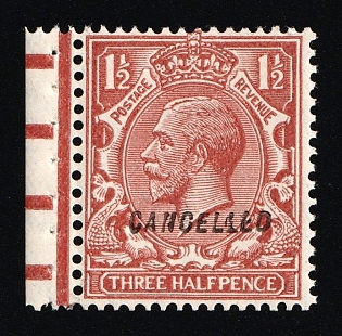 1924 1 1/2d Great Britain, Specimen 'Cancelled', Type 33, Single Stamp from Booklet, Margin, Red-brown Control Strip
