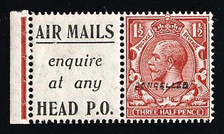 1924 1 1/2d Great Britain, Specimen 'Cancelled', Type 28, Coupon, Stamp from Booklet, Margin, Red-brown Control Strip