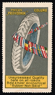 Pneus Provodnik Columb Unsurpassed Quality Safe on All Roads Best & Most Economical Rubber Non-Skid, Russian Advertisement for Foreign Countries, Russian Empire Cinderella