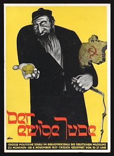 1937 (19 Dec) 'The Eternal Jew', Third Reich, Germany, 5pf Postal Stationery Postcard from Munich to Konstanz, with Round Black Handstamp 'The Eternal Jew – A Grand Political Show', Nazi Germany Anti-Jewish Propaganda, Commemorative Postmark