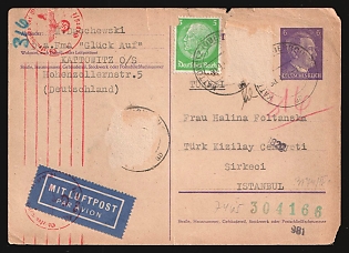 1942 (30 Sep) Third Reich, Germany, 6pf Postal Stationery Censored Airmail Postcard from Katowice Jewish Camp (Poland) to Istanbul (Turkey), with red round Censored Handstamps and green numbers "304166" and other handwritten markings, One stamp removed by censor in searching for a hidden message, Judaica