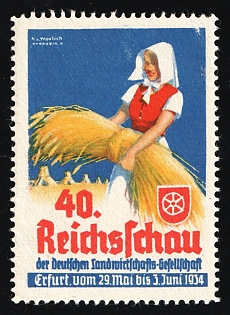 1934 'Reich Exhibition of the German Agricultural Society Erfurt, from May 29 to June 3, 1934', Third Reich Nazi Germany Propaganda Label Stamp