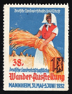 1932 'Reich Exhibition of the German Agricultural Society Mannheim, from May 31 to June 5, 1932', Third Reich Nazi Germany Propaganda Label Stamp