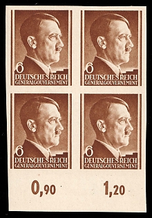1941 6Gr General Government, Germany, Poland, Block of Four, Plate Numbers, Margin