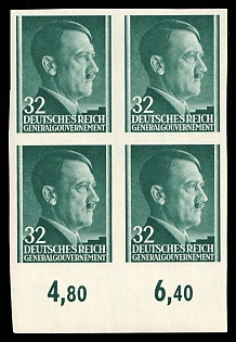 1941 32Gr General Government, Germany, Poland, Block of Four, Plate Numbers, Margin