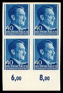 1941 40Gr General Government, Germany, Poland, Block of Four, Plate Numbers, Margin