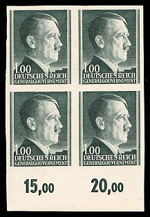 1942 1Zl General Government, Germany, Poland, Block of Four, Plate Numbers, Margin