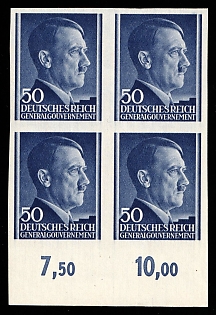 1943 50Gr General Government, Germany, Poland, Block of Four, Plate Numbers, Margin, Imperforate