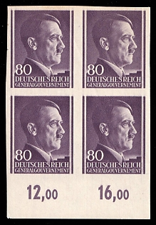 1943 80Gr General Government, Germany, Poland, Block of Four, Plate Numbers, Margin, Imperforate