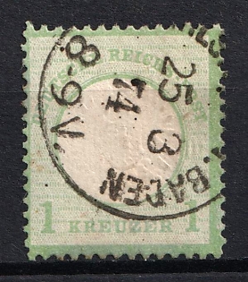 1872 1kr German Empire, Large Breast Plate, Germany, Baden Postmark