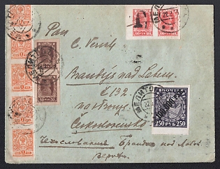 1923 (22 Feb) Cover from Melitopol to Brandys nad Labem-Stara Boleslav, Czechoslovakia, mixed franked with Russian Empire, RSFSR, and Kiev (Kyiv) Types 1 and 2 Ukrainian Trident stamps. Stamps on front canceled by Melitopol cds, with black Postage Due handstamp 'T' alongside. Roller cancel on the backside, signed by Kobylanski