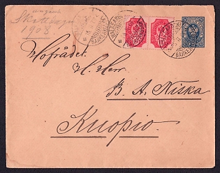 1908 (23 Nov) cover on postal stationery, Grand Duchy of Finland (Russian Empire). From Valkeakoski to Kuopio. The letter is franked with a pair of 20k marks, canceled by the Valkeakoski postmark. The letter arrived in Kuopio on November 26, 1908.