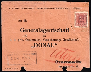 1919 Romanian Occupation of Kolomyia Ukraine CMT, Censored Cover front from Kolomyia to Austrian Insurance Company 'DONAU' in Chernivtsi, franked with 60h on 15h, 'Haupt-Agentushaf, A. NEIDER & SOHN' Violet Handstamp