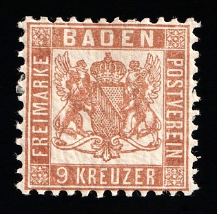 1862 9kr Baden, German States, Germany, Yellow Brown