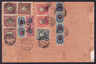 1918 (18 Nov) Ukraine, Parcel Receipt Card insured for 1,200r from Kharkiv to Yenakiieve, franked with 15k, 20k, 3.5r, 5r, and 10r IMPERF pair Kharkov (Kharkiv) Types 1, 2 and 3 Ukrainian Tridents
