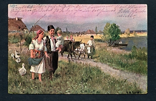 Postcard, Ukraine People Types, Peasants with a child