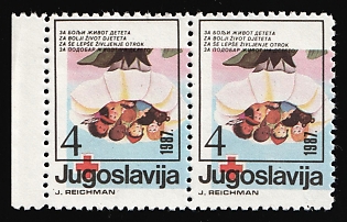 1987 4 Din Yugoslavia, INVERTED Overprint, Signed, Red Cross, Margin, Pair