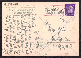 1943 (3 Mar) postcard, From Riga (Latvia). The letter is franked with 6pf (with an Ostland overprint on Deutsches Reich stamps, with a Riga postmark (on the stamp Ostland Service Post Office). The postmark of the place of receipt is missing; the postcard was not delivered due to the departure of the recipient.