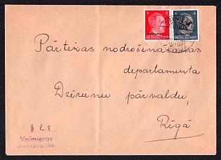 1942 (2? May) cover, From Valmiera (Latvia) to Riga. The letter is franked with 4pf, 8pf (with an Ostland overprint on Deutsches Reich stamps,, with a Valmiera postmark.