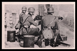 1940 'Machine Gun Post of the SS Ordnance Police Over the Roofs of Warsaw', SS, Army Military, Third Reich Nazi Propaganda Postcard