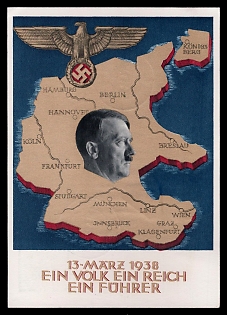 1938 '13 March One People One Empire One Leader'Maps, Third Reich Nazi Propaganda Postcard