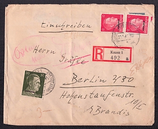 1943 (20 Jan) registered cover, from Kauen (Kaunas, now Lithuania) to Berlin. The letter is franked with 30pf (with an Ostland overprint on Deutsches Reich stamps, with a Kauen postmark (Ostland Service Post). The letter arrived in Berlin on January 23, 1943.