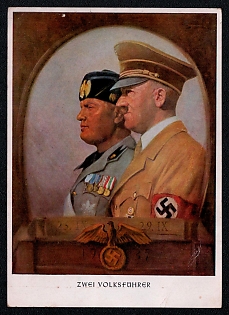 1941 'Two People's Leaders', Hitler and Personalities, Third Reich Nazi Propaganda Postcard