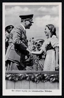1933-1945 'The Fuhrer Greets a Sudeten German Girl', Hitler and Children, Third Reich Nazi Propaganda Postcard