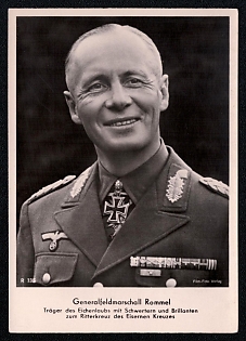 1943 'Field Marshal Rommel Received the Oak Leaves with Swords and Diamonds for the Knight's Cross of the Iron Cross', Famous Nazi Personality Portrait, Third Reich Nazi Propaganda Postcard