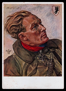 1943 'Captain Baumbach Most Successful Long-Range Combat Pilot in Action Against Ship Targets', High Rank Military Personnel Portrait, Third Reich Nazi Propaganda Postcard