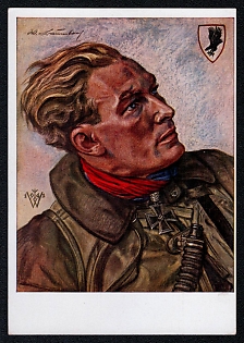 1933-1945 'Captain Baumbach Most Successful Long-Range Combat Pilot in Action Against Ship Targets', High Rank Military Personnel Portrait, Third Reich Nazi Propaganda Postcard