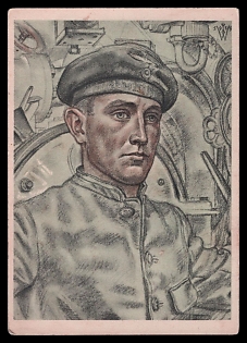 1941 'Our Submarine Weapon Torpedo Toll on a Submarine from B. Willrich Folder from the Publisher, "Borders and Abroad" Berlin W 30, "The Men without a Submarine Weapon', High Rank Military Personnel Portrait, Third Reich Nazi Propaganda Postcard