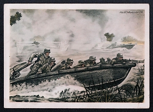 1933-1945 'Pioneer Shock Troop Attacks in Assault Boat', Infantry Wehrmacht Army Military, Third Reich Nazi Propaganda Postcard
