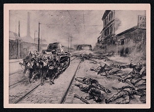 1933-1945 'Infantry Penetrates an Enemy City Under the Protection of Armored Vehicles. Drawing by Theo Matejko', Infantry Wehrmacht Army Military, Third Reich Nazi Propaganda Postcard