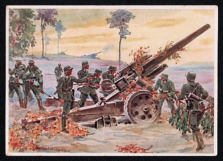 1933-1945 'Wehrmacht Poltkarten Series 1 Figure 4: Heavy Field Howitzer Battery in Firing Position. With the Approval of the Wehrmacht High Command', Infantry Wehrmacht Army Military, Third Reich Nazi Propaganda Postcard