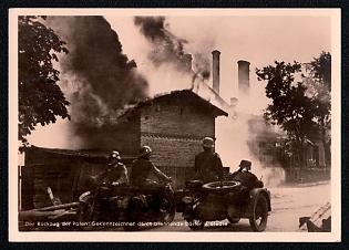 1940 'The Retreat of the Poles: Marked by Burning Villages and Towns', Infantry Wehrmacht Army Military, Third Reich Nazi Propaganda Postcard
